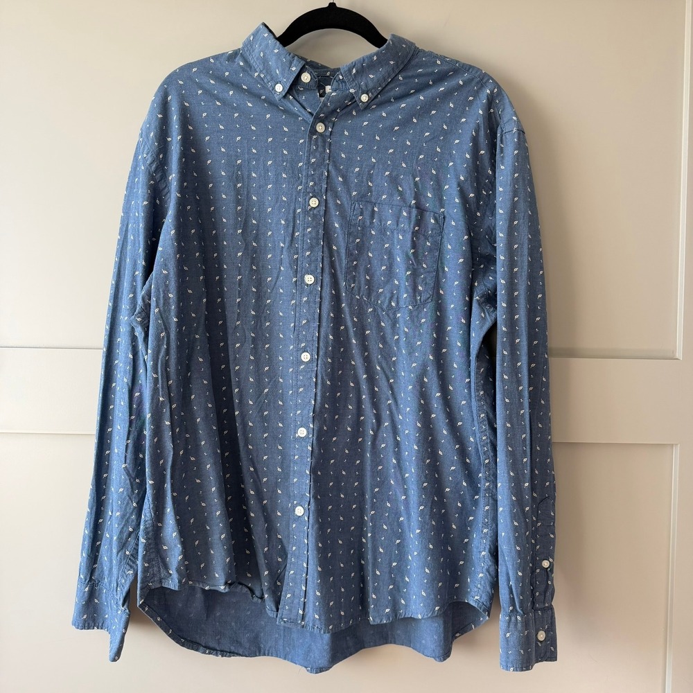 Old Navy Button Down Shirt Mens XL Blue Leaf Print Regular Fit Long Sleeve